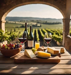 Foto op Plexiglas Elegant wine tasting setup in vineyard terrace at sunset. scenic vineyard view. AI © Irina Ukrainets