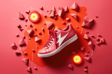 Fashionable red sneaker with a striking lightning design on a dynamic red and orange shattered background.