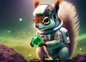 cheerful squirrel in space suit with green emerald suitable as background or cover