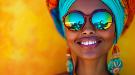 Portrait of cheerful african mature woman with headscarf against grey wall. Middle aged black woman laughing, copy space. Happy smiling black lady wearing traditional african scarf and looking at came - obrazy, fototapety, plakaty