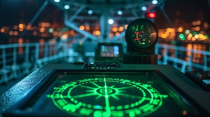 Green radar display on captain's bridge of contemporary vessel. - Powered by Adobe