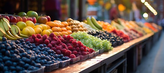 Obraz premium Softly blurred bokeh effect a vibrant farmers market with fresh fruits and colorful beverages