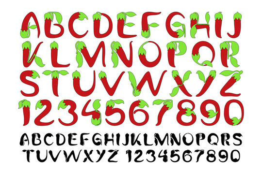 Alphabet in red chili style, collection of capital letters and numbers isolated on white.