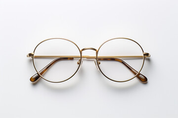 A pair of vintage glasses with golden frames, elegantly positioned on a clean white surface, highlighting their timeless and sophisticated design.