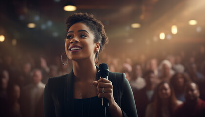 A confident beautiful black woman speaking publicly with a mic to a large audience - obrazy, fototapety, plakaty