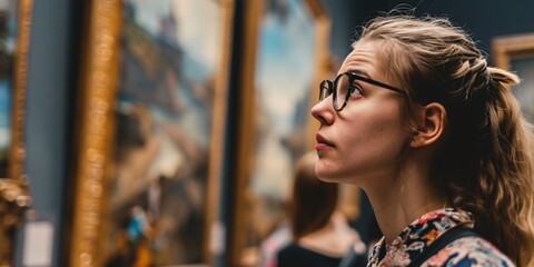Fototapeta premium Pensive Caucasian female with spectacles observing art display as others view artwork, representing Museum Day.