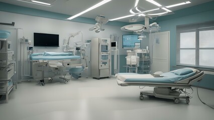 Modern empty hospital room equipped with medical technology. sterile medical environment with monitors. AI