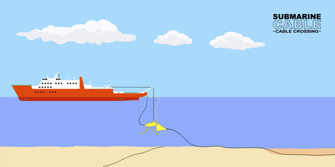 Illustration of submarine cable, technical cable laying at cable crossings. - obrazy, fototapety, plakaty