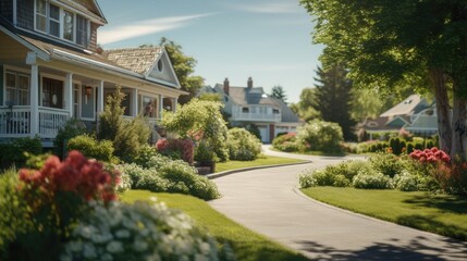Sunlit suburbia: A defocused view of a pretty suburban neighborhood, with trees and sunlight.