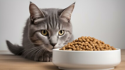 Grey tabby cat eyeing a bowl of dry food. hungry pet anticipating mealtime. AI