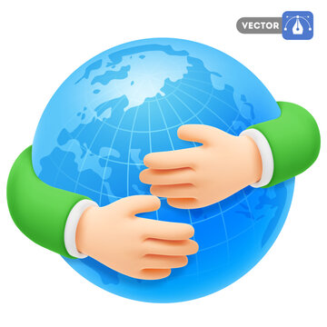 Cute cartoon 3d realistic hands hugging globe or planet Earth. Concept of ecology, environment, green energy, World Environment Day, 22 April, save the planet. Vector illustration