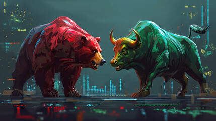 red bear and a green bull, illustrated in a painterly style, stand facing each other on a reflective surface with digital city lights in the background