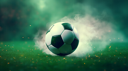 Naklejka premium soccer ball on green grass with smoke
