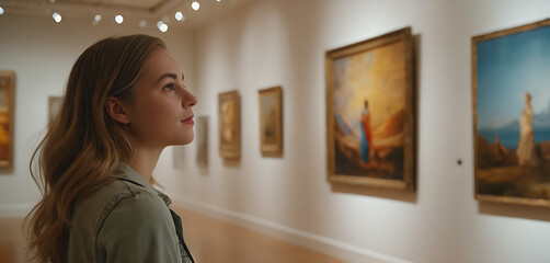 An art gallery scene with a girl appreciating artwork, with the pieces on the walls softly blurred