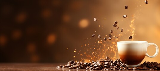 Captivating coffee cup with elegant splashes and flying beans on beige background, ample text space