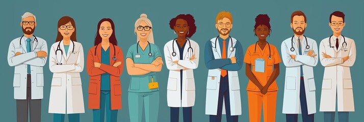 A comprehensive illustration of medical staff collaborating to provide diverse patient care - obrazy, fototapety, plakaty