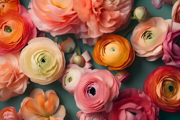 Pink and coral ranunculus flowers with copy space over pastel bring background, top view 