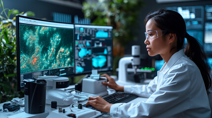 focused woman in a lab coat using a microscope and analyzing data on a computer screen, surrounded by scientific equipment - obrazy, fototapety, plakaty