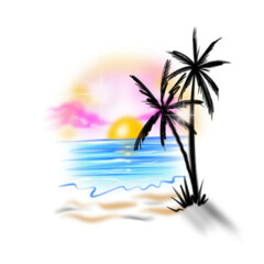Fototapeta na wymiar airbrush vintage tropical palm paradise beach island scene with clear sky on sunset sunrises you can add text for your tshirt merch design or background poster.