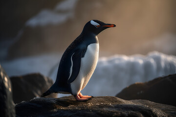 A penguin stands gracefully on a rock adjacent to the waters edge