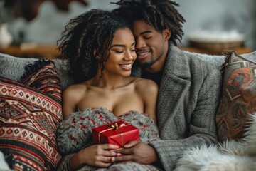 Verliebtes Paar mit roter Geschenkschachtel