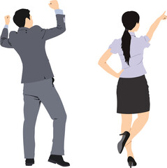 business woman and person cheering and pointing back view