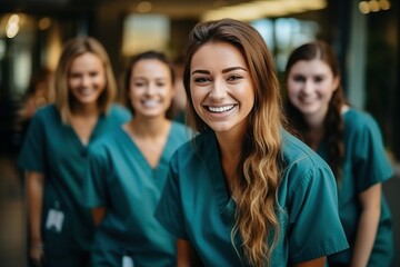 Portrait of a happy group of four female nurses in green scrubs