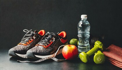 still life with a bottle of water, white, bottle, clothing, foot, sneakers, sport, boot, AI genrat 