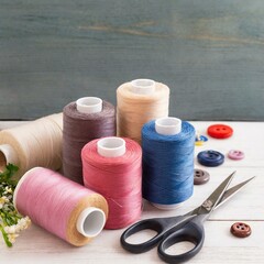 spools of thread and needle, craft, red, string, threads, color, blue, white, AI genrat 