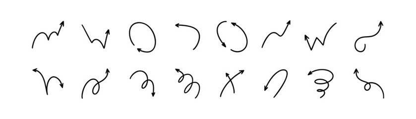 Obraz premium Hand drawn vector arrow icon set. Doodle sketch pen, pencil, crayon drawing. Thing line design elements. Up, down, right, left, circle, bounce, spiral direction and movement expression