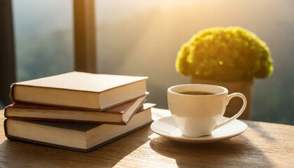 cup of coffee and books, green, caffeine, spoon, wooden, break, AI genrat 