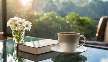 cup of coffee on the table, book, hot, brown, espresso, caffeine, coffee cup, green, AI genrat 