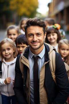 A male teacher with a group of elementary school students