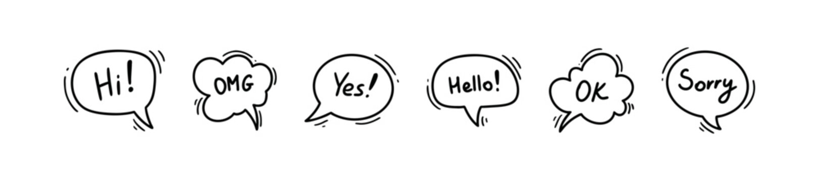 Doodle speech balloon with text. Cute line manga style cloud illustration. Hand drawn comic talk bubble frames. Line vector icons. Simple designed dialog box