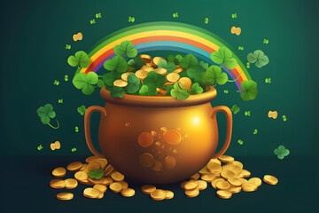 Pot of luck with rainbow, coins, shamrocks and clovers, Banner, St. Patrick's Day