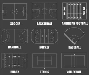 Creative illustration of sport game fields marking isolated on black background. Graphic element for handball, tennis, american football, soccer, baseball, basketball, hockey, rugby, volleyball