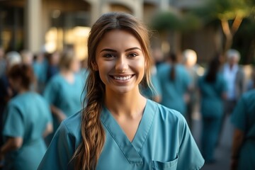 A smiling young female nurse with brown hair in a ponytail wearing blue scrubs stands in front of a blurred background of other nurses.