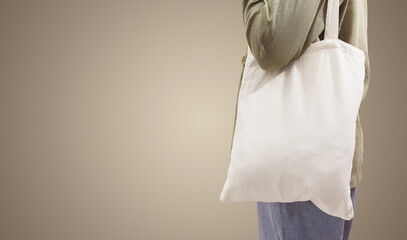 Tote bag, textile cotton shopper mockup on shoulder, banner background