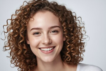 Young smiling positive woman, happy curly joyful cheerful girl student laughing, looking at camera standing isolated at white background, advertising products and services, close up headshot portrait.