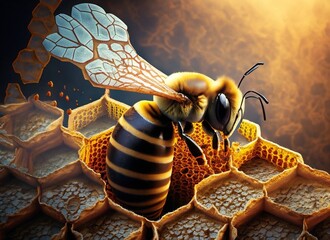 bee on plastic in a beehive with honey  - obrazy, fototapety, plakaty
