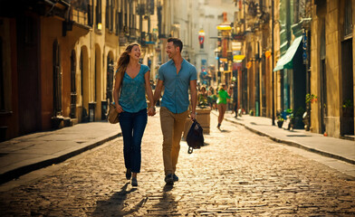 Young male and female backpackers travel the world