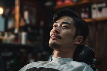 Handsome Asian brunette bearded man sitting in the chair in barbershop