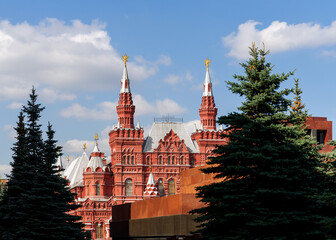 View of the State Historical Museum from the Kremlin Wall and the mausoleum.