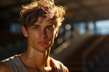 Athletic young man after a workout, sweat dripping down his face, standing after a workout