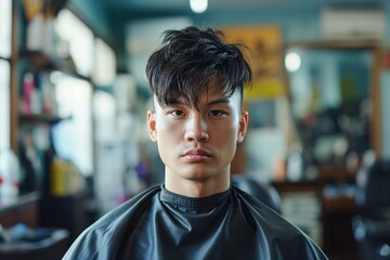 Fototapeta premium Handsome Asian brunette man sitting in the chair in barbershop and looking in the camera