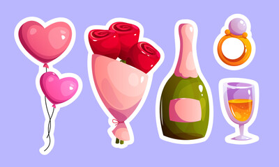 Vector wedding stickers set. Romantic cartoon illustrations for Valentine's day and other. Bottle of wine, bouquet of red roses, balloons and wedding ring.