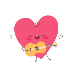 Singing heart character playing guitar. Vector Valentine`s Day illustration.