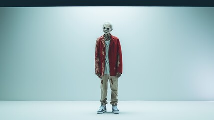 A surreal depiction of a human skeleton wearing a red ornate jacket and casual pants with sneakers, creating a juxtaposition of life and death.