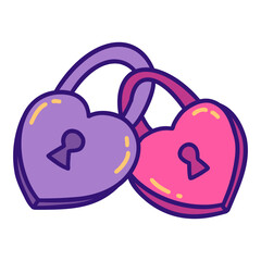 Two heart shaped locks fastened together. Valentines day concept. Colorful vector isolated illustration hand drawn doodle clip art. February 14, romance. Icon or card, wedding element