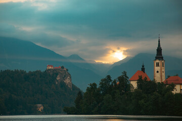Fototapeta premium Amazing View On Bled Lake, Island,Church And Castle With Mountain Range